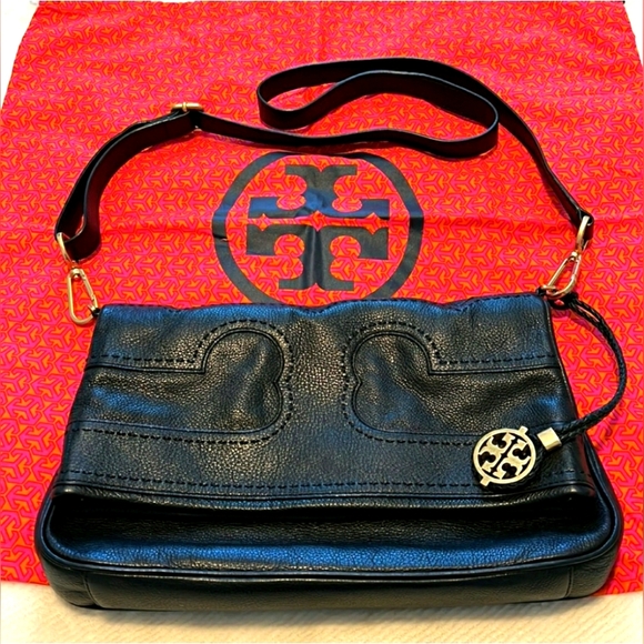 Tory Burch Designer Amalie Foldover Messenger Black Leather Crossbody Purse Bag - Picture 1 of 10